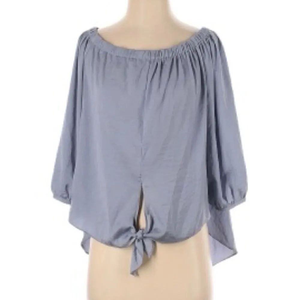Jondie Chambray Blue 3/4 Sleeve Tie Front Blouse - Picture 2 of 6
